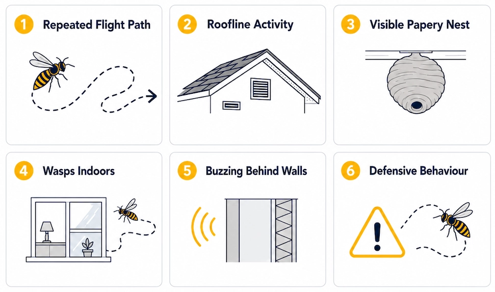 Checklist showing common signs of a wasp nest on a property