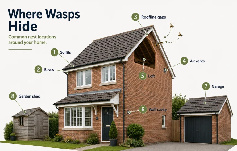 Common signs and locations of an active wasp nest around a house