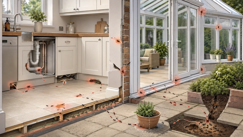 Diagram showing common ant entry points around a kitchen and conservatory