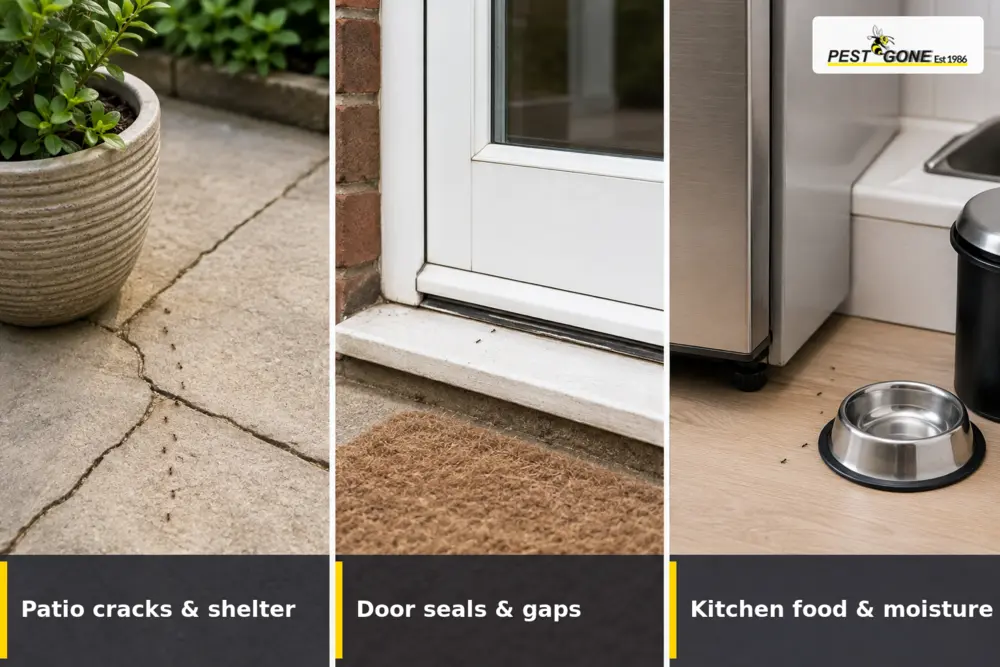Patio cracks, a worn door threshold and kitchen moisture areas where ants may travel