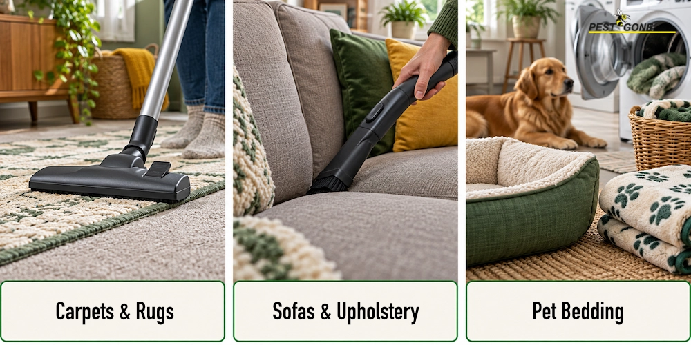 Vacuuming carpets and sofa seams beside pet bedding prepared for washing.