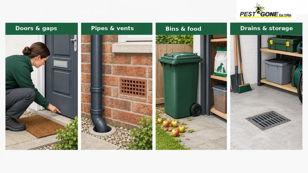 Four autumn rodent prevention checks covering doors, pipe openings, bins and drains