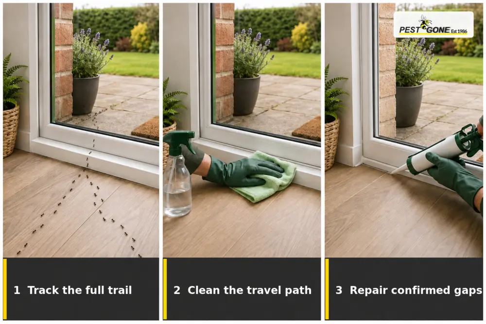 Three steps showing an ant trail being tracked, cleaned and its entry gap repaired