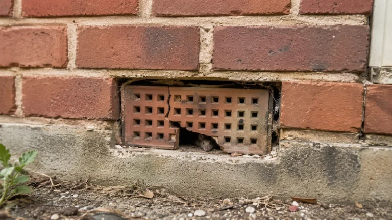 Damaged air brick and exterior vent creating a potential entry point for rats and mice.