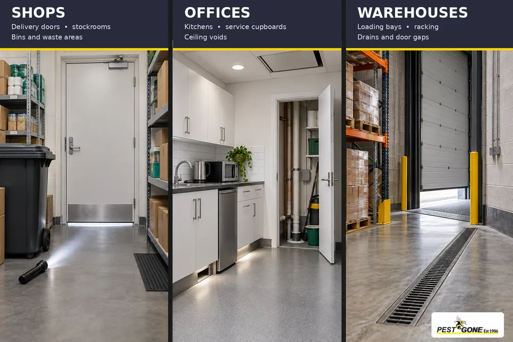 Inspection areas in a shop stockroom, office kitchen and warehouse loading bay.