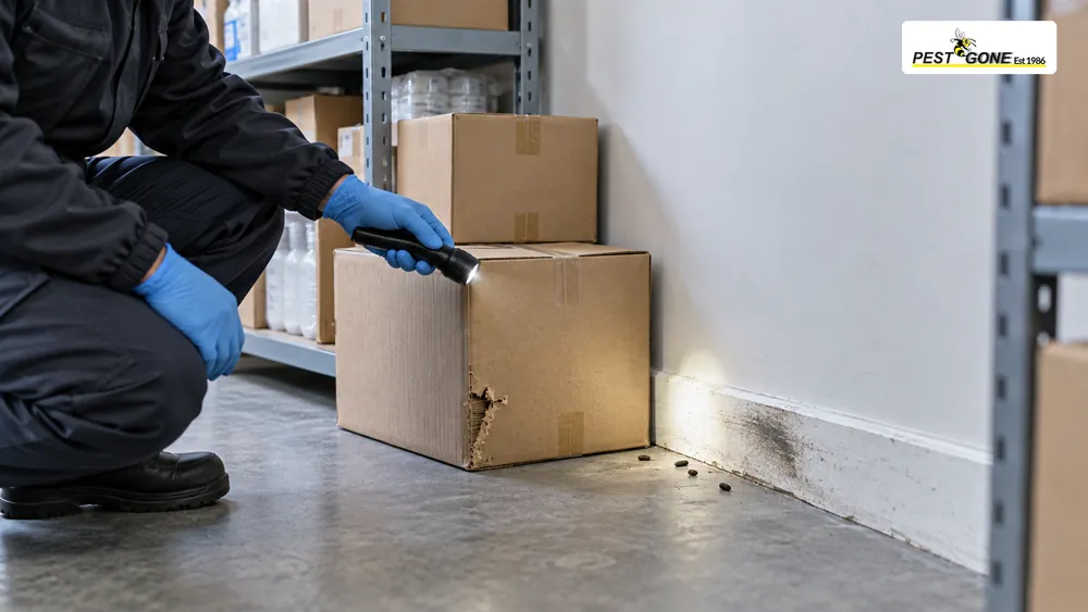 Facilities worker inspecting gnawed packaging, droppings and rub marks in a commercial stockroom.