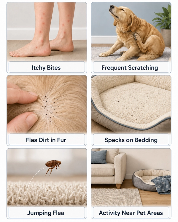 Illustrated checklist showing common signs of fleas in a home
