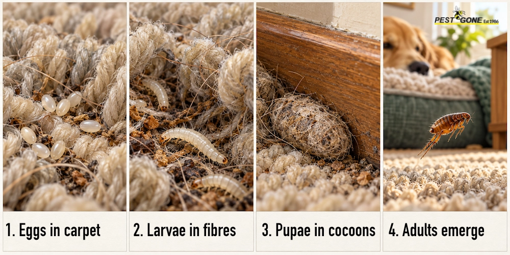 Flea eggs, larvae, pupae and an emerging adult shown in carpet fibres and near a pet bed.