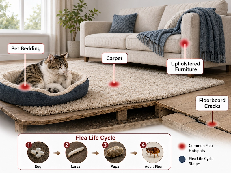 Diagram showing the flea life cycle and common flea hotspots inside a home