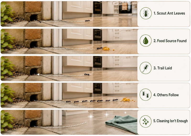 Diagram showing how ants create and follow scent trails to food