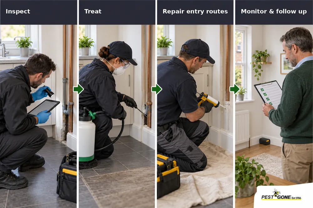 Four-step process to inspect, treat, repair entry routes, and monitor a rental pest problem.
