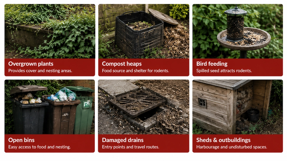 Outdoor areas such as overgrown plants, compost heaps, bird feeding, open bins, damaged drains and sheds attracting rodent activity.