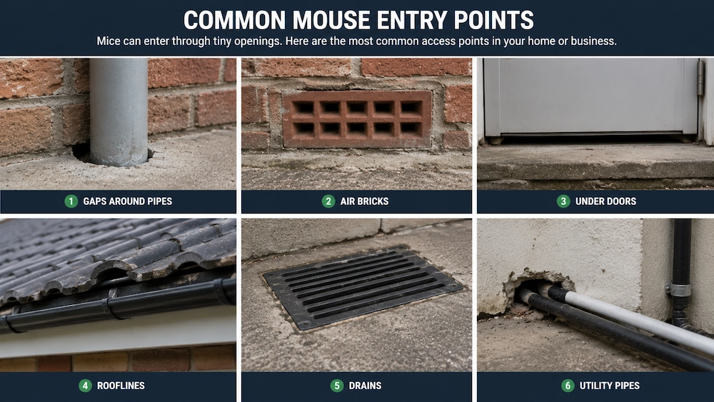 diagram showing rodent entry point through small spaces around pipes, air bricks, doors, rooflines, drains, and utility points.