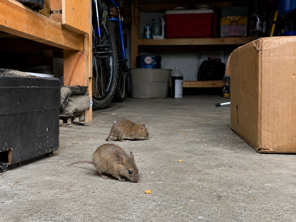 rodent in garage near boxes found food