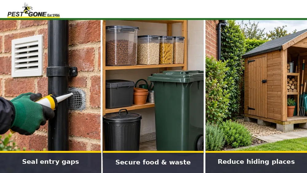 Three ways to deter rodents: seal entry gaps, secure food and waste, and reduce hiding places around a home.