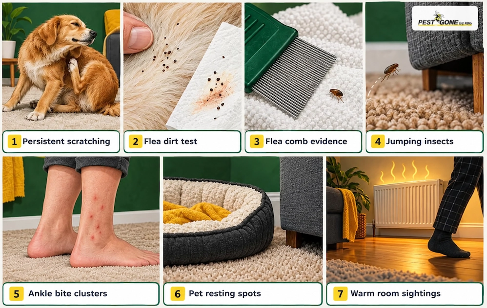 Seven possible flea clues: pet scratching, flea dirt, comb evidence, jumping insects, ankle bites, resting spots and warm-room sightings.