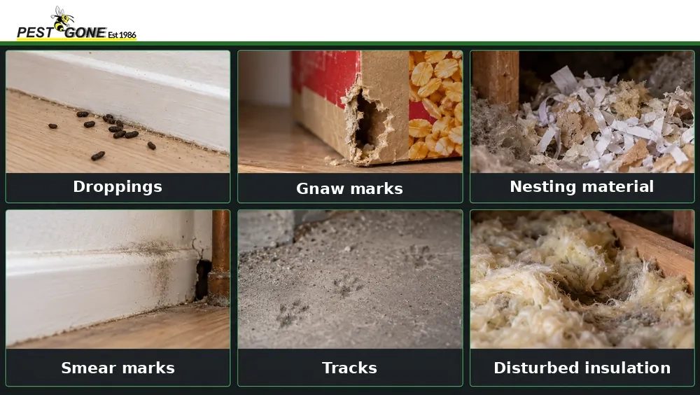 Six common signs of rodent activity: droppings, gnaw marks, nesting material, smear marks, tracks and disturbed insulation.