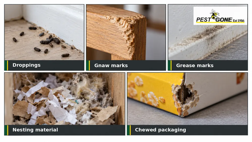 Five signs of rodent activity: droppings, gnaw marks, grease marks, nesting material and chewed packaging