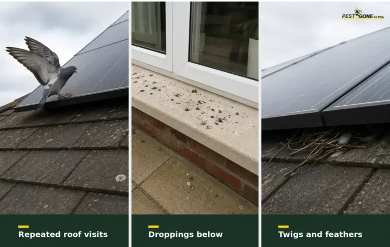 Pigeon roof visits, droppings below a window and nesting debris beneath solar panels