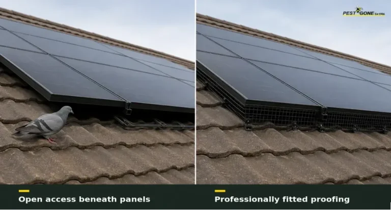 Comparison of an open solar-panel gap and a perimeter secured with bird-proofing mesh