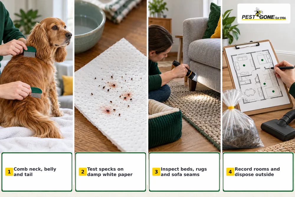 Four-step home flea check using a flea comb, damp white paper, a torch and a room-by-room record.