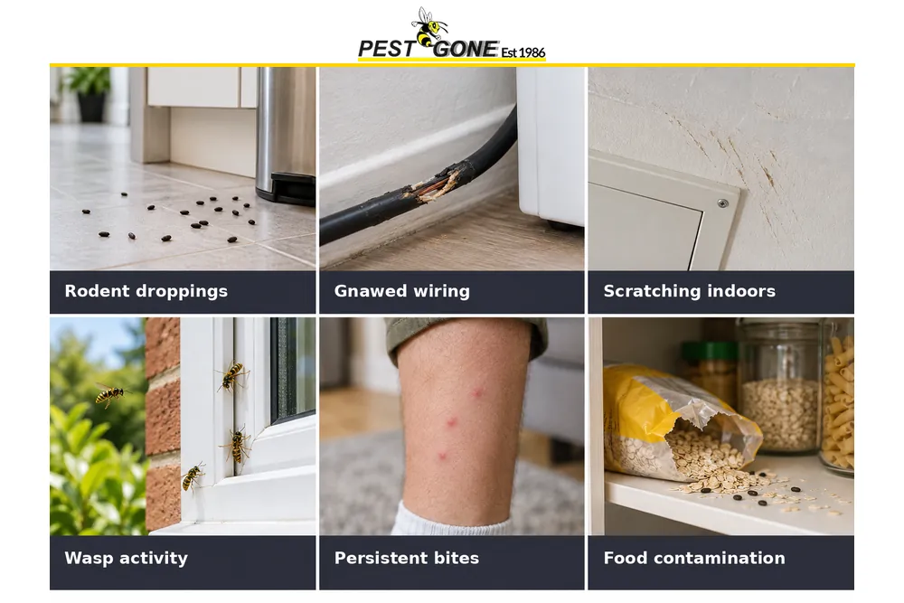 Six urgent pest warning signs: droppings, gnawed wiring, scratching, wasps, bites, and food contamination.
