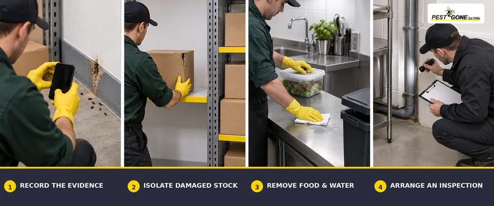 Four steps after finding pest evidence: record it, isolate stock, remove food and water, and arrange an inspection.